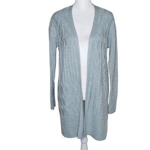 Chicos Cable Knit Long Cardigan Women's Small Iced Sage "Blue" Open Front Cozy